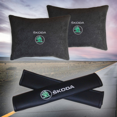Подарочный набор автомобилиста из черного велюра для Skoda (шкода) (две автомобильные подушки и накладки на ремень безопасности) 2979